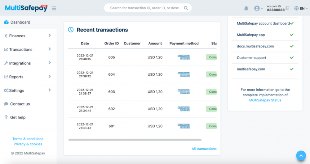 MultiSafepay Merchant panel